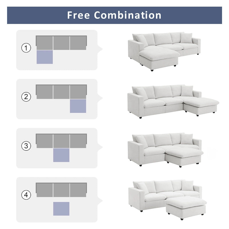 Canapé d'angle en forme de L « Cloud » avec coussins décoratifs, pouf et assise large