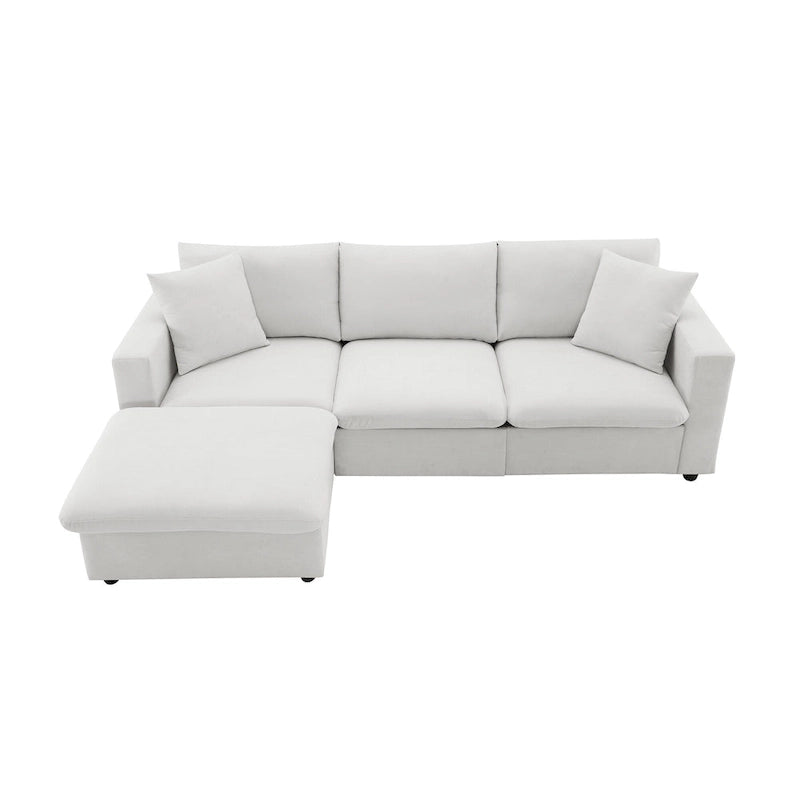 Canapé d'angle en forme de L « Cloud » avec coussins décoratifs, pouf et assise large