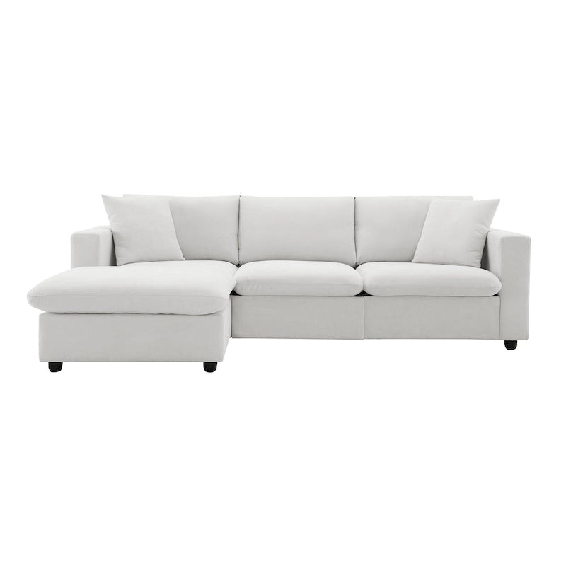Canapé d'angle en forme de L « Cloud » avec coussins décoratifs, pouf et assise large