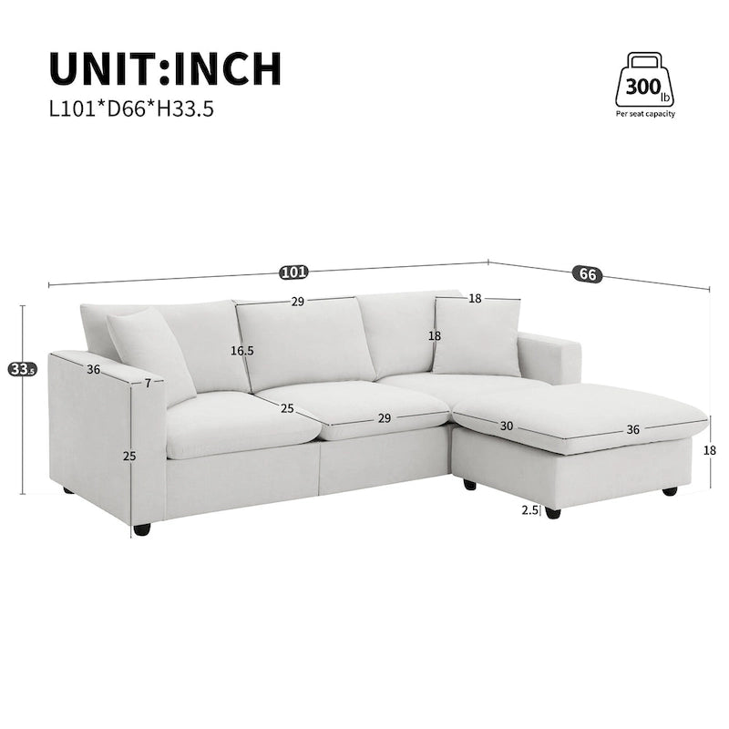 Canapé d'angle en forme de L « Cloud » avec coussins décoratifs, pouf et assise large