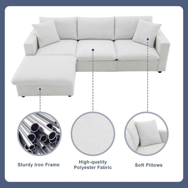 Canapé d'angle en forme de L « Cloud » avec coussins décoratifs, pouf et assise large