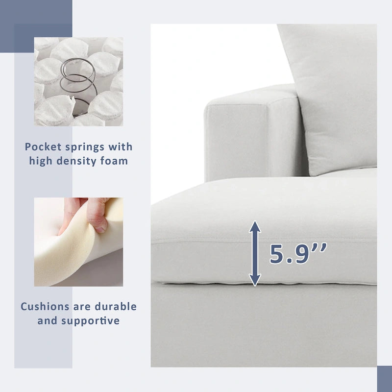 Canapé d'angle en forme de L « Cloud » avec coussins décoratifs, pouf et assise large