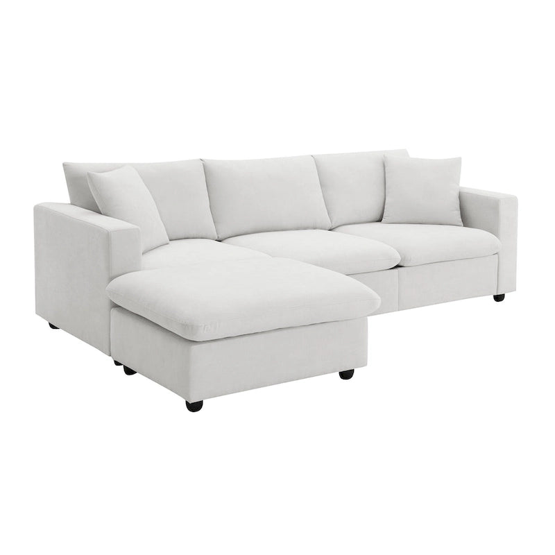 Canapé d'angle en forme de L « Cloud » avec coussins décoratifs, pouf et assise large