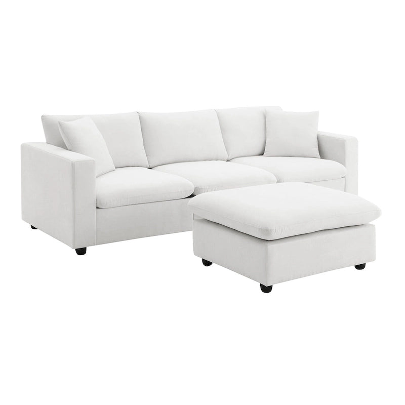 Canapé d'angle en forme de L « Cloud » avec coussins décoratifs, pouf et assise large