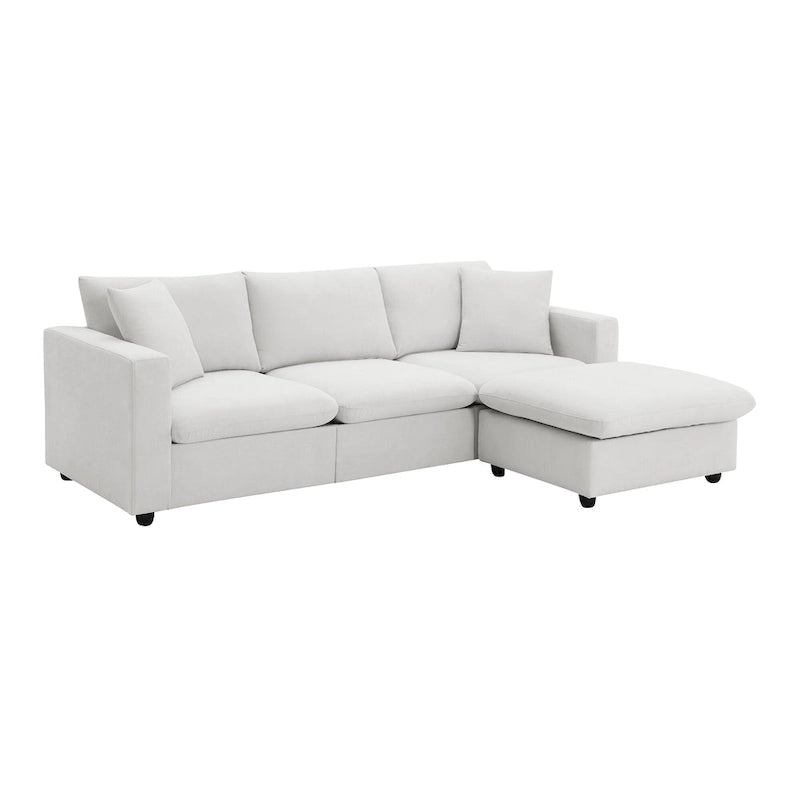 Canapé d'angle en forme de L « Cloud » avec coussins décoratifs, pouf et assise large