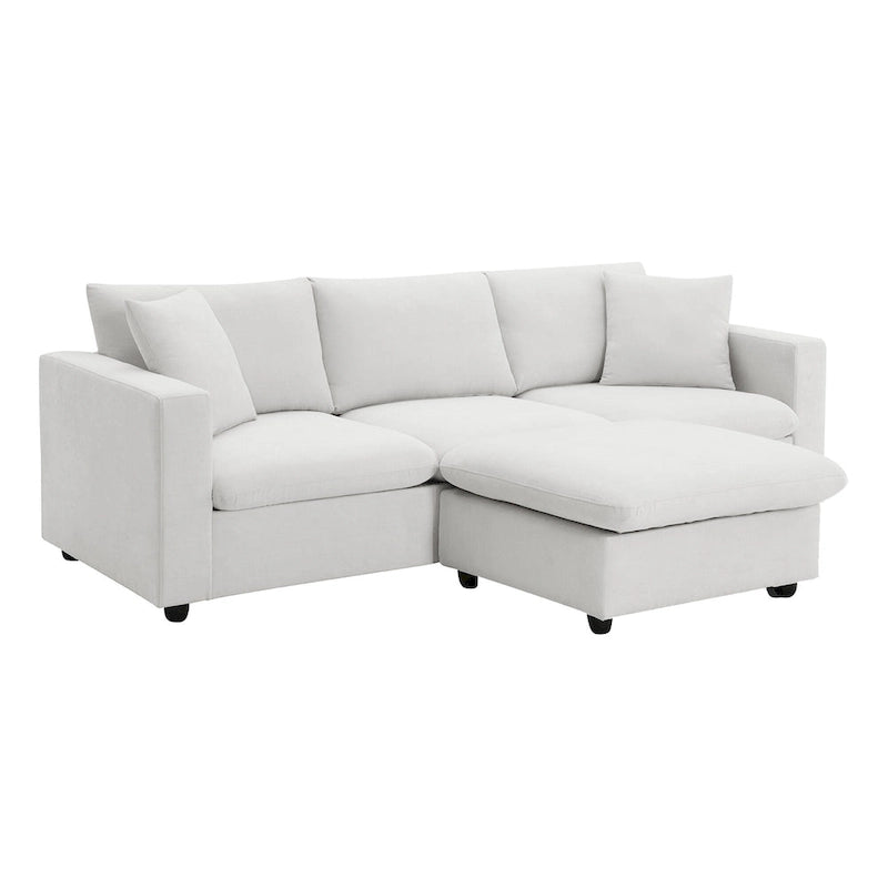 Canapé d'angle en forme de L « Cloud » avec coussins décoratifs, pouf et assise large