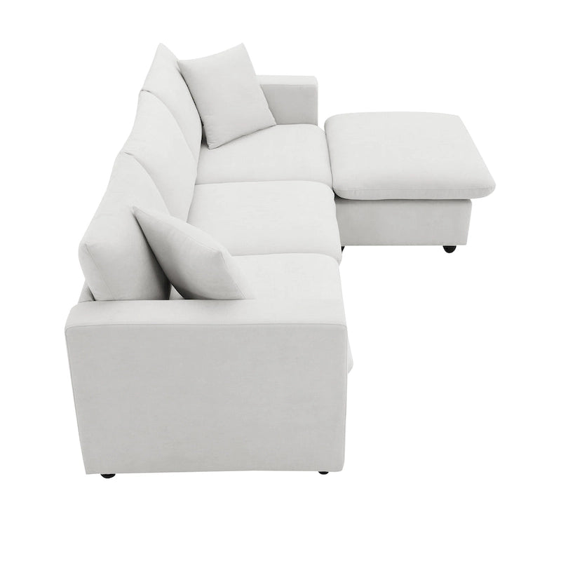 Canapé d'angle en forme de L « Cloud » avec coussins décoratifs, pouf et assise large
