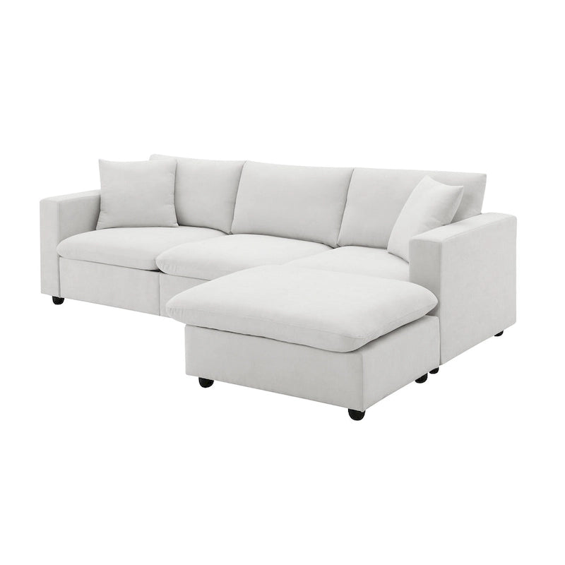Canapé d'angle en forme de L « Cloud » avec coussins décoratifs, pouf et assise large
