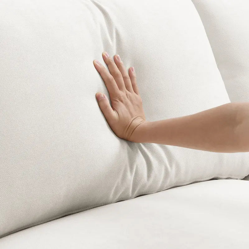 Canapé d'angle en forme de L « Cloud » avec coussins décoratifs, pouf et assise large
