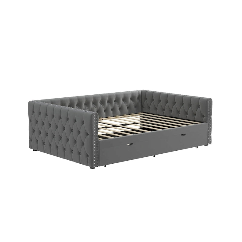 Lit de repos rembourré en velours gris grand format avec boutons et clous en cuivre