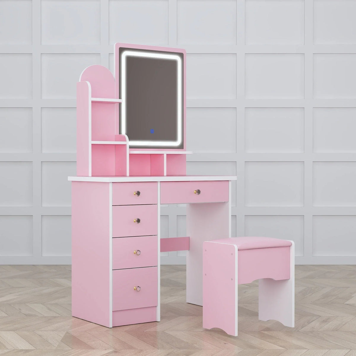 Coiffeuse avec miroir LED intégré et tabouret