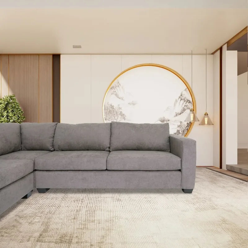 Canapé d'angle contemporain en forme de L, tissu polyester, cadre en bois massif, rembourré