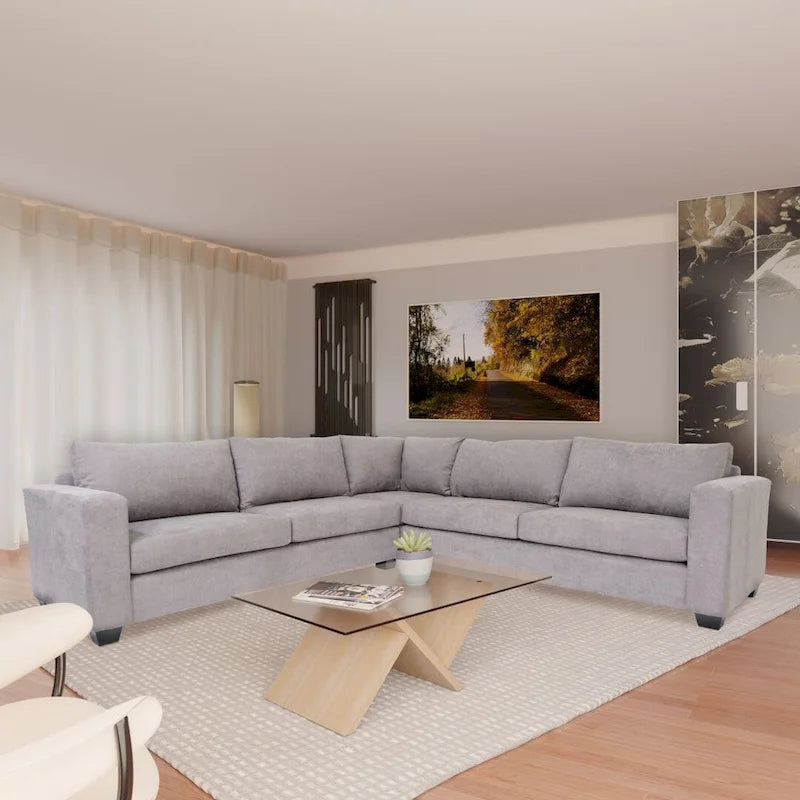 Canapé d'angle contemporain en forme de L, tissu polyester, cadre en bois massif, rembourré