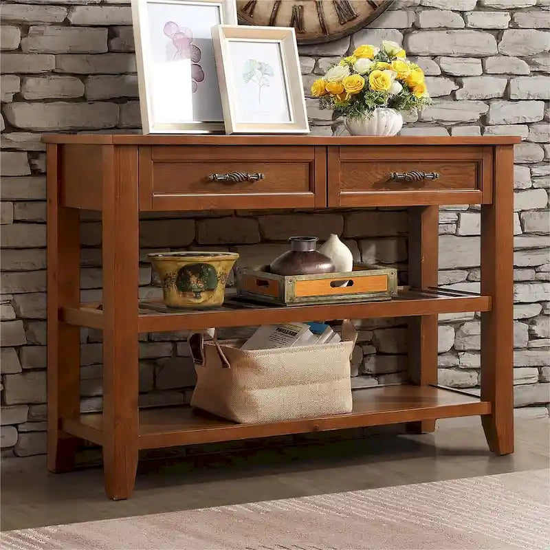 Table console canapé de style Mid-Century, buffet/crédence en bois massif avec 2 tiroirs de rangement et 2 étagères