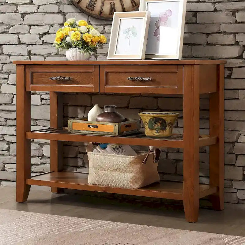 Table console canapé de style Mid-Century, buffet/crédence en bois massif avec 2 tiroirs de rangement et 2 étagères