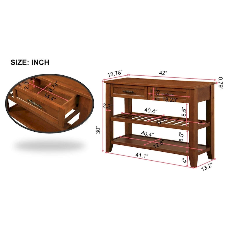 Table console canapé de style Mid-Century, buffet/crédence en bois massif avec 2 tiroirs de rangement et 2 étagères