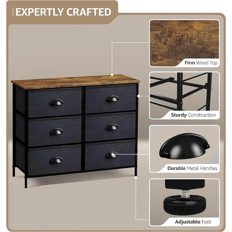 Petite commode à 6 tiroirs – Étagère supérieure de style rustique en bois