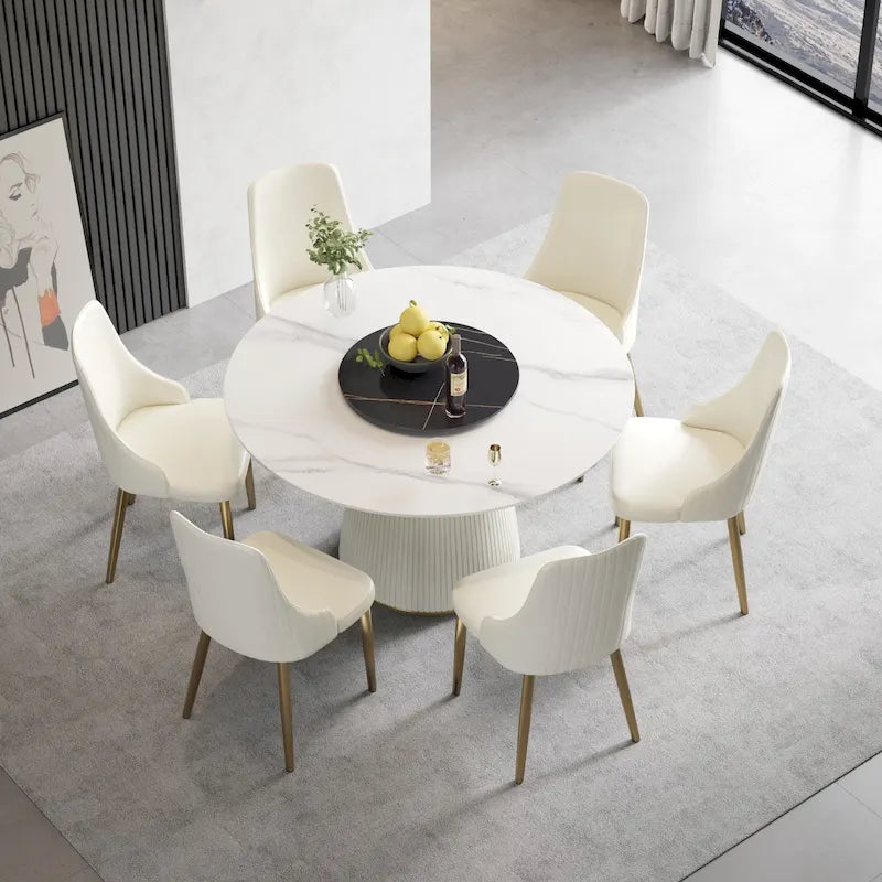Table à manger ronde de 53 pouces pour 6 personnes, plateau en pierre frittée blanche moderne avec plateau tournant - N/A