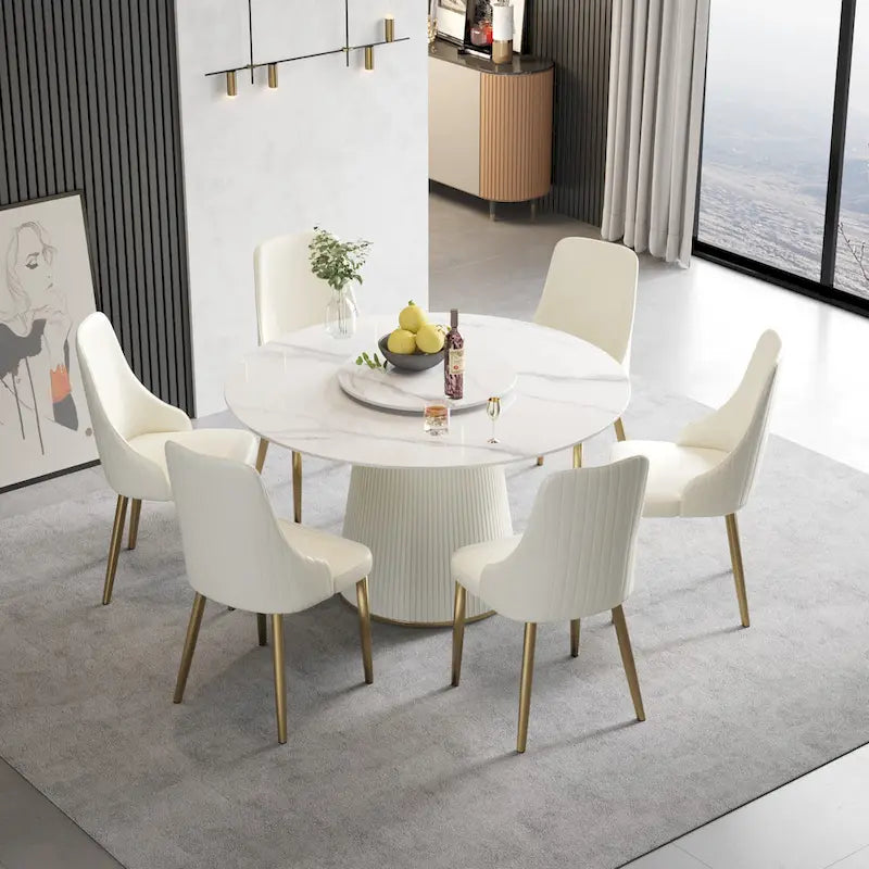 Table à manger ronde de 53 pouces pour 6 personnes, plateau en pierre frittée blanche moderne avec plateau tournant - N/A