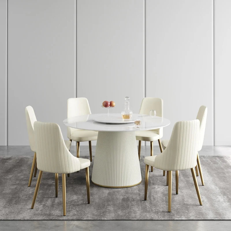 Table à manger ronde de 53 pouces pour 6 personnes, plateau en pierre frittée blanche moderne avec plateau tournant - N/A