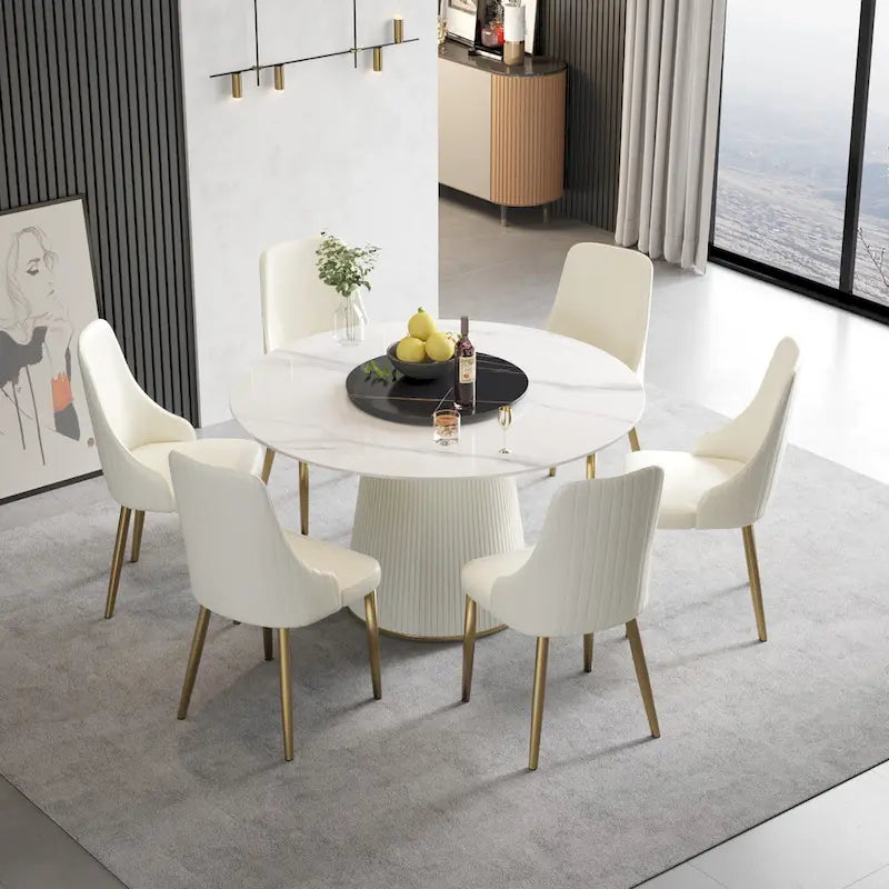 Table à manger ronde de 53 pouces pour 6 personnes, plateau en pierre frittée blanche moderne avec plateau tournant - N/A