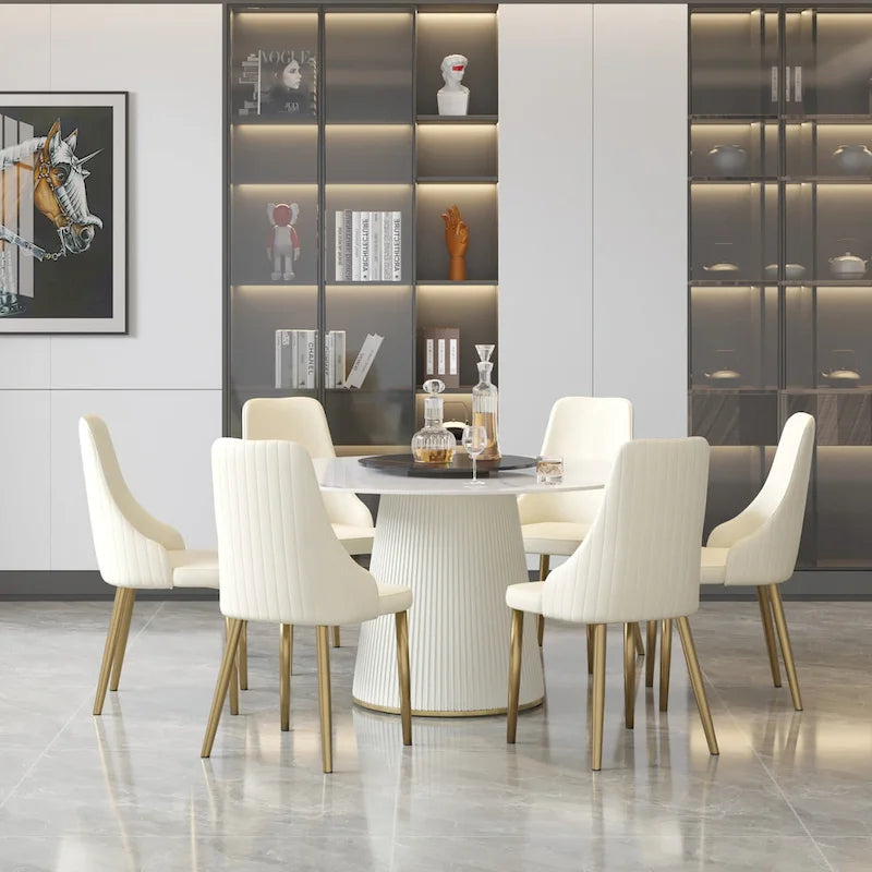 Table à manger ronde de 53 pouces pour 6 personnes, plateau en pierre frittée blanche moderne avec plateau tournant - N/A