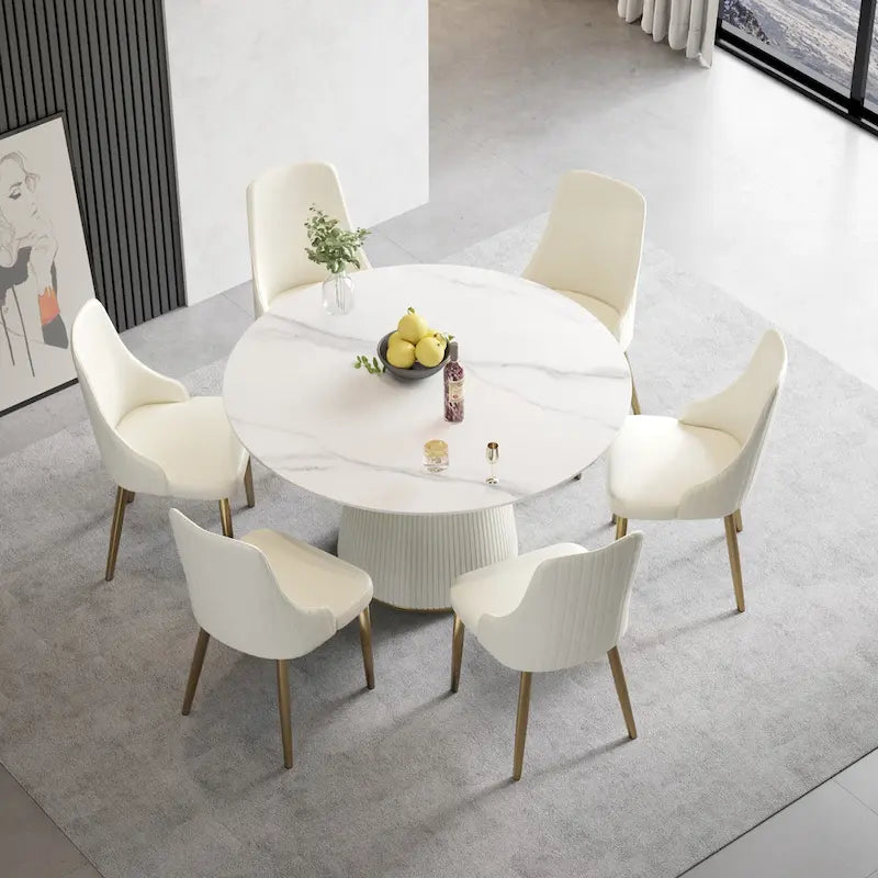 Table à manger ronde de 53 pouces pour 6 personnes, plateau en pierre frittée blanche moderne avec plateau tournant - N/A
