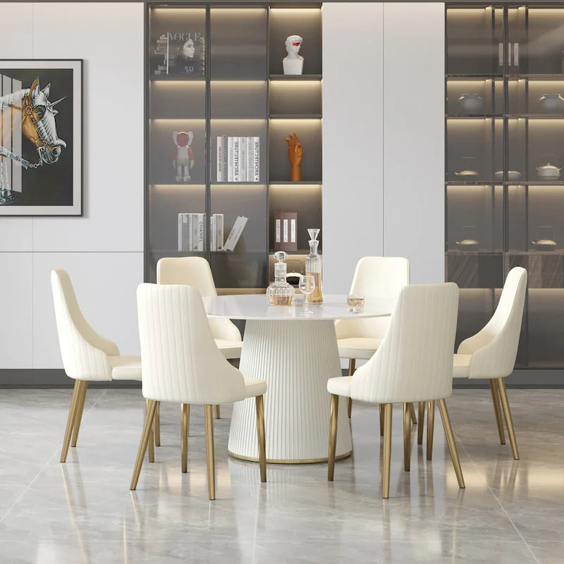 Table à manger ronde de 53 pouces pour 6 personnes, plateau en pierre frittée blanche moderne avec plateau tournant - N/A