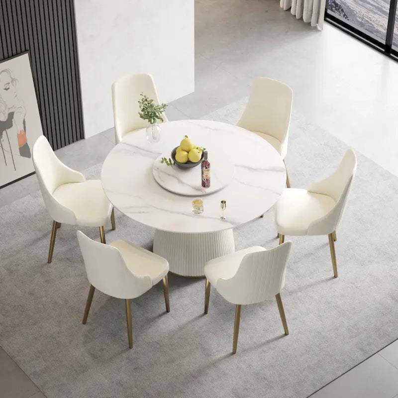 Table à manger ronde de 53 pouces pour 6 personnes, plateau en pierre frittée blanche moderne avec plateau tournant - N/A