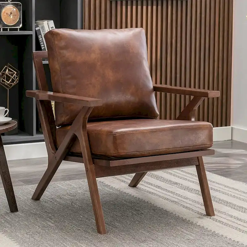 Fauteuil d'appoint Ebello rembourré en cuir avec cadre en bois massif et coussins amovibles