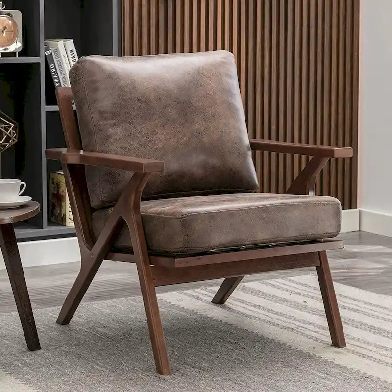 Fauteuil d'appoint Ebello rembourré en cuir avec cadre en bois massif et coussins amovibles