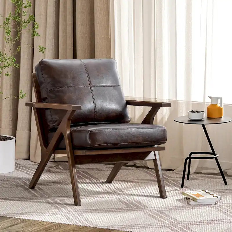 Fauteuil d'appoint Ebello rembourré en cuir avec cadre en bois massif et coussins amovibles