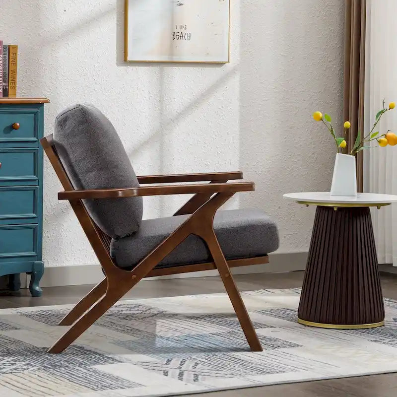 Fauteuil d'appoint Ebello rembourré en cuir avec cadre en bois massif et coussins amovibles