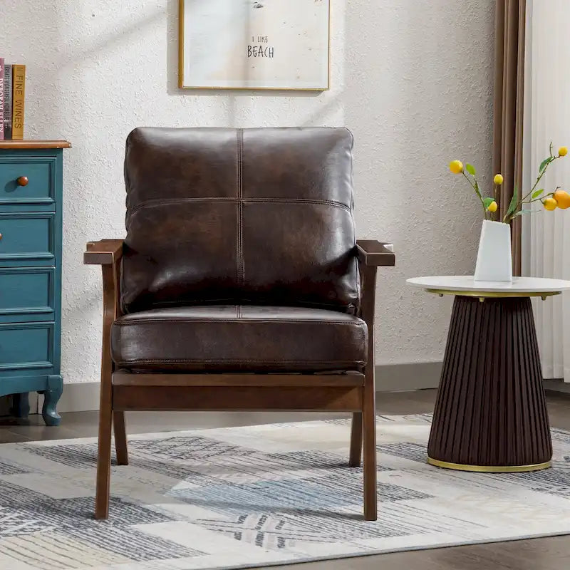 Fauteuil d'appoint Ebello rembourré en cuir avec cadre en bois massif et coussins amovibles