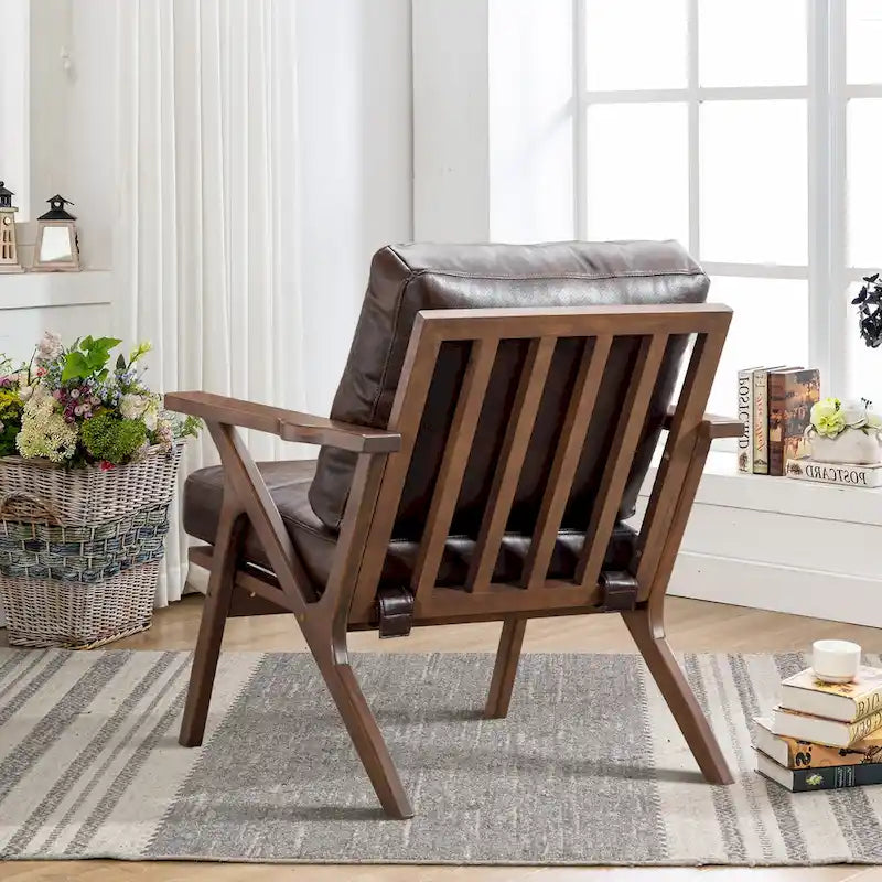 Fauteuil d'appoint Ebello rembourré en cuir avec cadre en bois massif et coussins amovibles