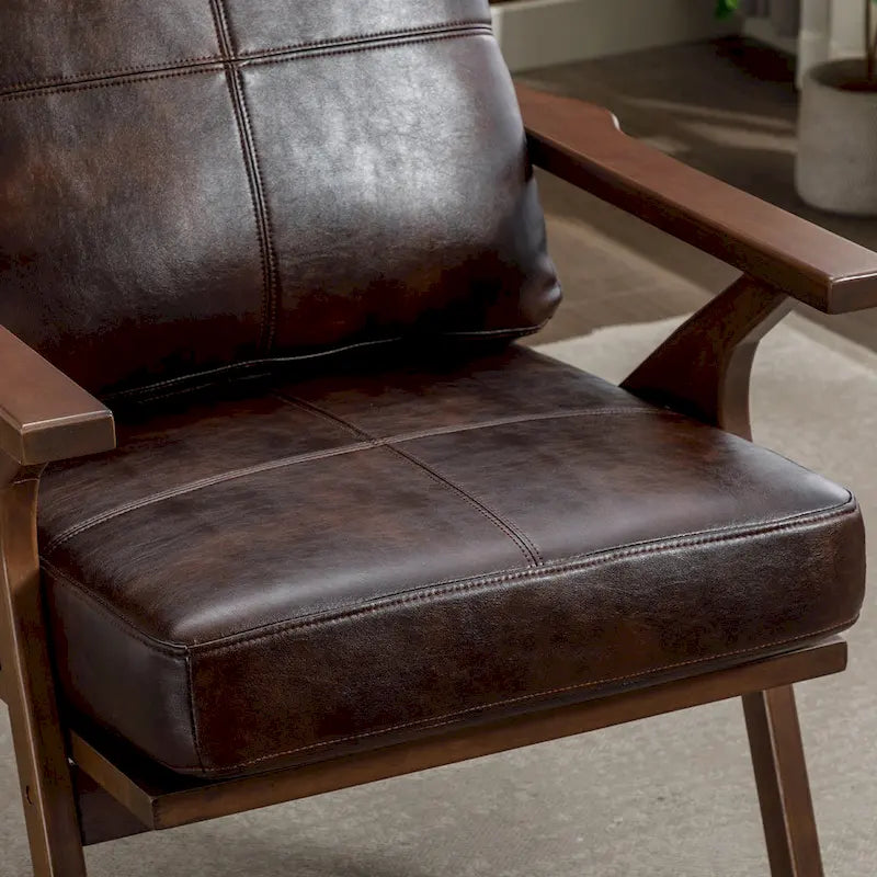 Fauteuil d'appoint Ebello rembourré en cuir avec cadre en bois massif et coussins amovibles