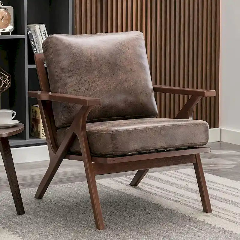 Fauteuil d'appoint Ebello rembourré en cuir avec cadre en bois massif et coussins amovibles