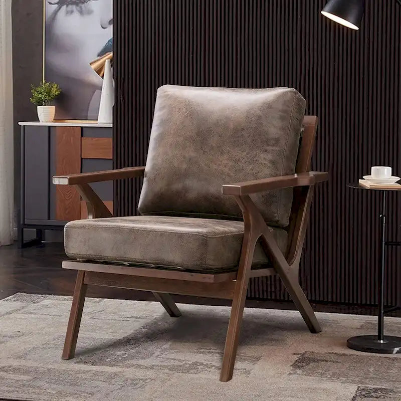 Fauteuil d'appoint Ebello rembourré en cuir avec cadre en bois massif et coussins amovibles
