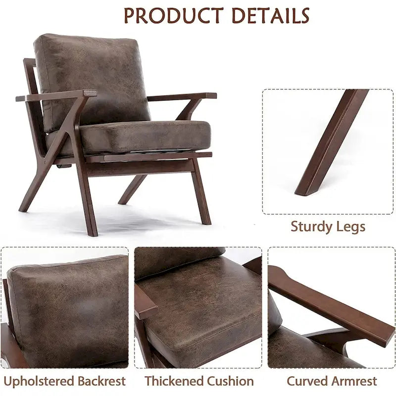 Fauteuil d'appoint Ebello rembourré en cuir avec cadre en bois massif et coussins amovibles