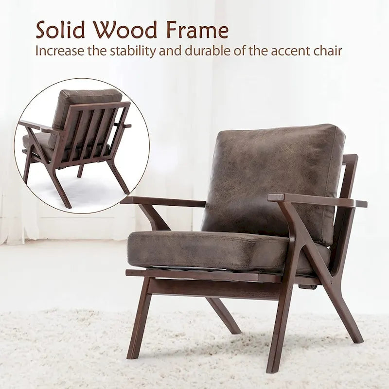 Fauteuil d'appoint Ebello rembourré en cuir avec cadre en bois massif et coussins amovibles