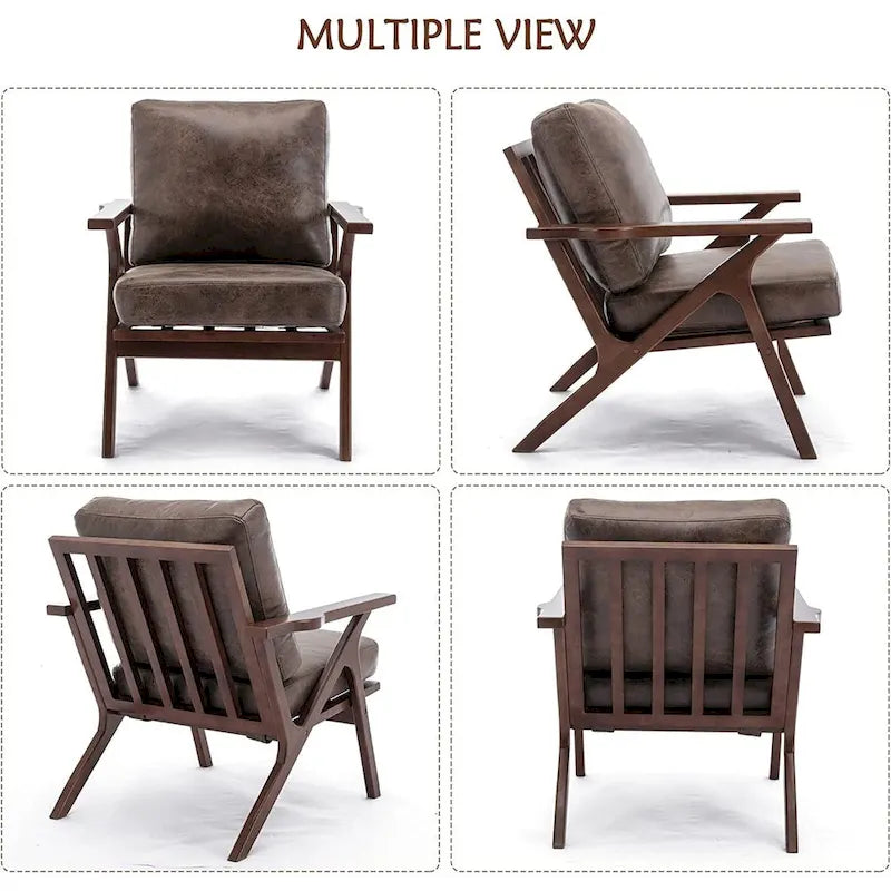 Fauteuil d'appoint Ebello rembourré en cuir avec cadre en bois massif et coussins amovibles