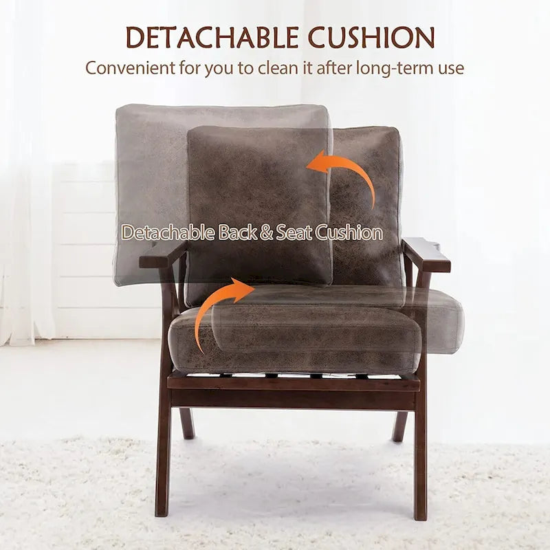 Fauteuil d'appoint Ebello rembourré en cuir avec cadre en bois massif et coussins amovibles