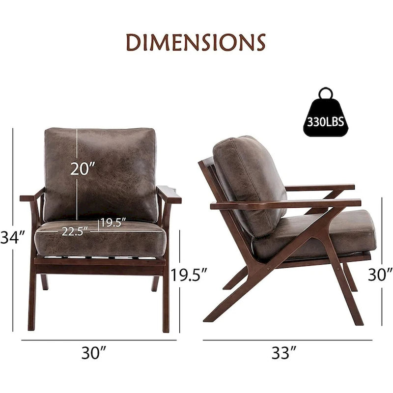 Fauteuil d'appoint Ebello rembourré en cuir avec cadre en bois massif et coussins amovibles