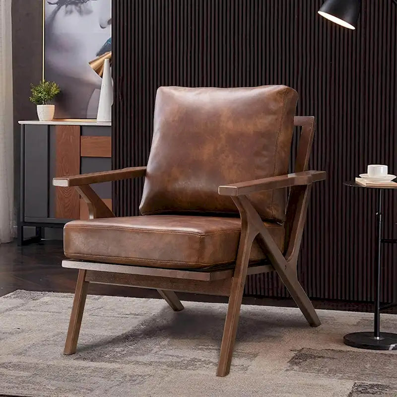 Fauteuil d'appoint Ebello rembourré en cuir avec cadre en bois massif et coussins amovibles
