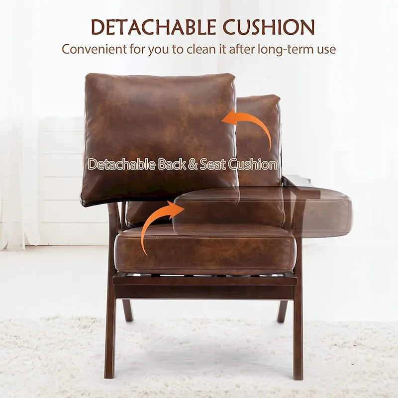 Fauteuil d'appoint Ebello rembourré en cuir avec cadre en bois massif et coussins amovibles