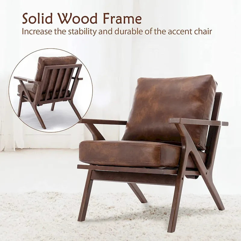 Fauteuil d'appoint Ebello rembourré en cuir avec cadre en bois massif et coussins amovibles