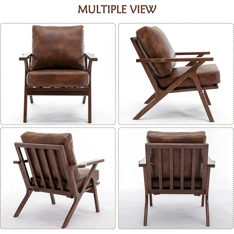 Fauteuil d'appoint Ebello rembourré en cuir avec cadre en bois massif et coussins amovibles