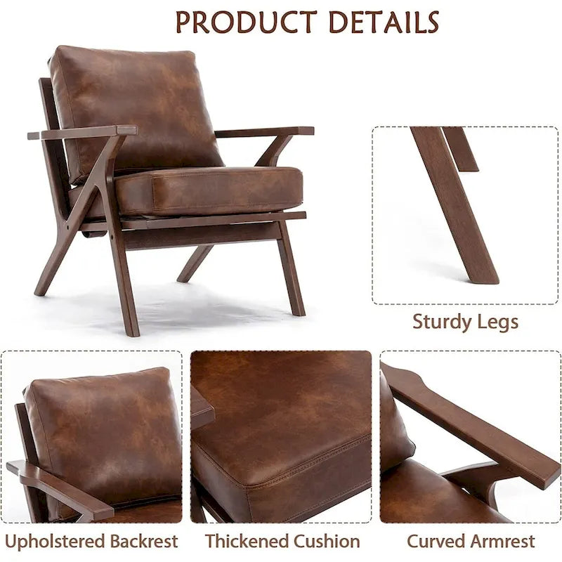 Fauteuil d'appoint Ebello rembourré en cuir avec cadre en bois massif et coussins amovibles