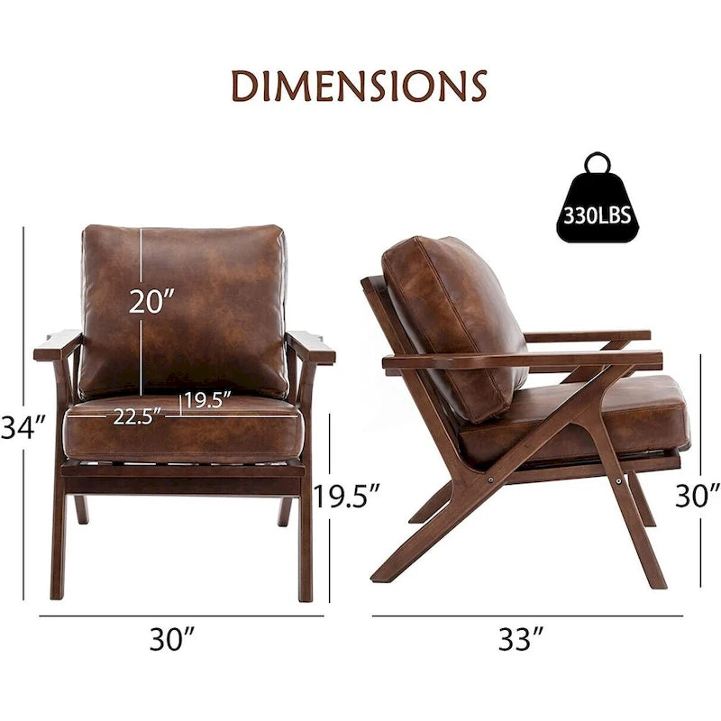 Fauteuil d'appoint Ebello rembourré en cuir avec cadre en bois massif et coussins amovibles