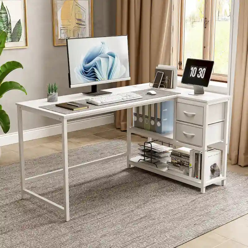 Bureau d'angle avec tiroir, bureau d'écriture, bureau d'ordinateur d'angle avec étagères et station de charge